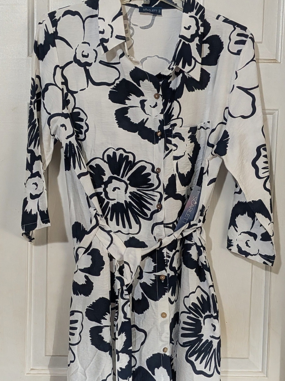 Scarlett Black & White Floral Midi Shirt Dress with Tie Waist